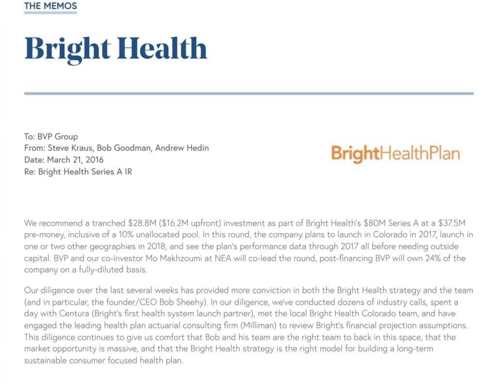 Investment Committee Memos : BrightHealth
Deal Memo
VC Investment Memo Template