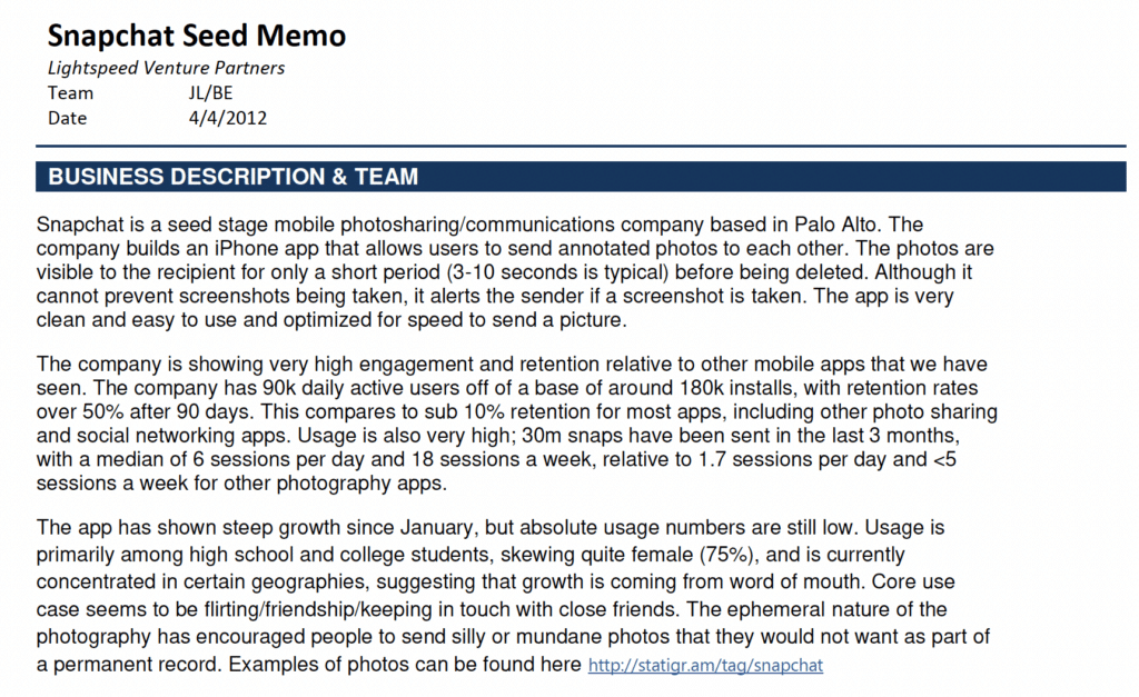 Investment Committee Memos - Snapchat
Deal Memo
VC Investment Memo Template