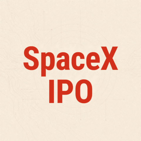 Announcement graphic reading 'SpaceX IPO' in bold red letters on a beige technical blueprint background.